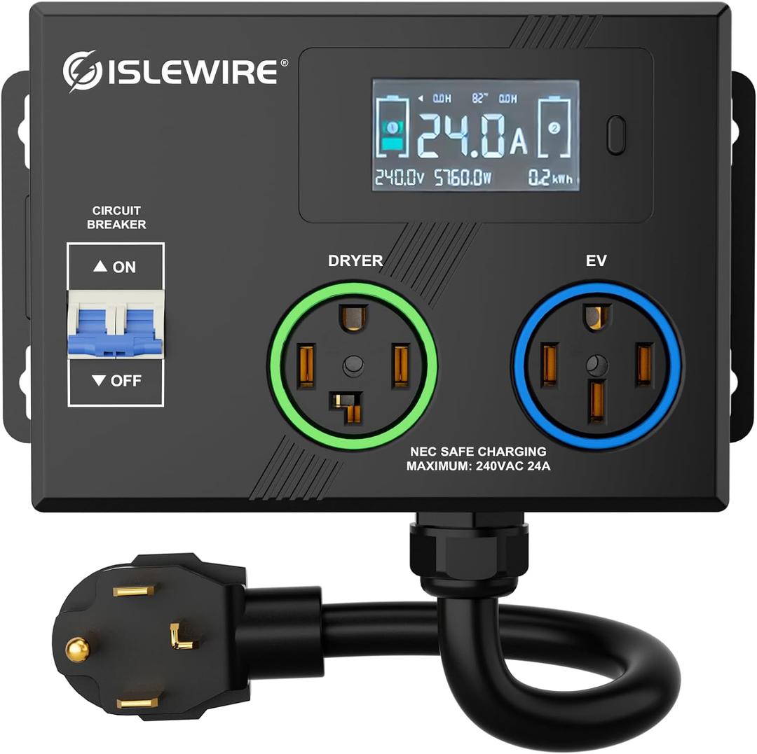 Smart Dryer Splitter for EV and Dryer, 240V Auto Power Switch for Dryer Outlet, 3-Color LED Ring, 3.4" LCD Display, No Rewiring Needed, NEMA 14-30 Plug, NEMA 14-30 & NEMA 14-50 Outlets (24 Amp)