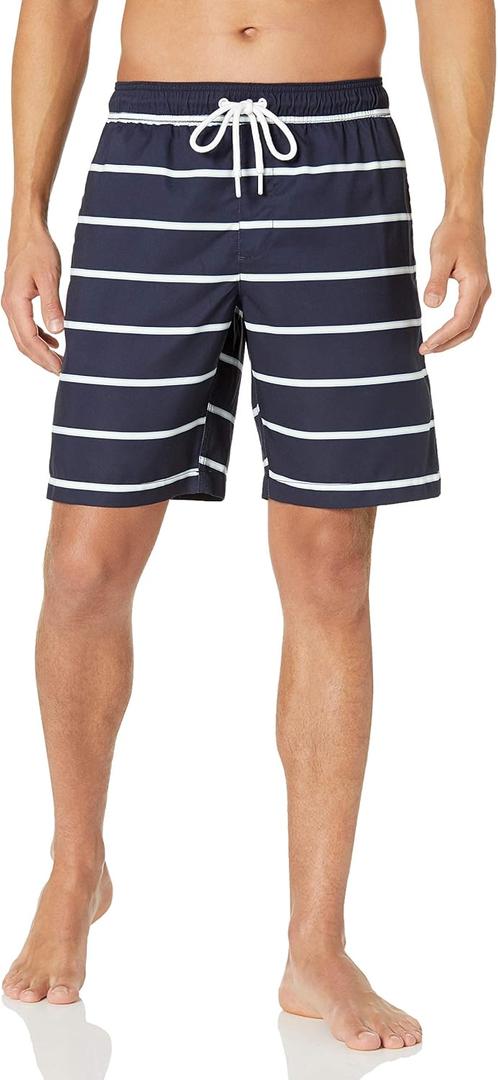Amazon Essentials Mens 9" Swim Trunks with Mesh Lining, Pockets, Drawstring Closure (X-Small, Navy Stripe)