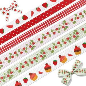 Strawberry Grosgrain Ribbon 6 Pack 18 Yards, Cupcake Berry Vine Gingham Polka Dot, 4/5 and 3/8 Inch for Gift Wrapping Bow Making Hair Accessories Crafts