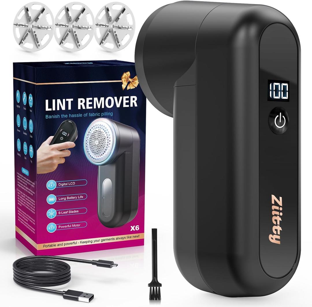 Fabric Shaver, Ziitty Lint Remover for Clothes, Type-C Rechargeable Lint Shaver with LCD Display & 6-Blade, Sweater Shavers to Remove PillingFuzz Remover Fabric Shaver for Clothing and Furniture