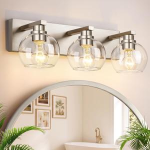Bathroom Light Fixtures, 3-Light 22 Inch Brushed Nickel Bathroom Vanity Light, Modern Wall Sconces with Clear Glass Globe Shades, Vanity Lighting Fixtures Over Mirror, E26 Socket (Bulbs Not Included)