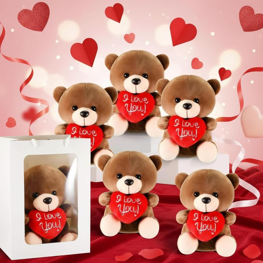 Lewtemi 6 Packs Valentine Bear Stuffed Animal Bulk 8 Inch Bear Gifts Love Favors for Class I Love You Plush Animal Toys for Valentine Favors Bridal Shower Gifts(Brown)
