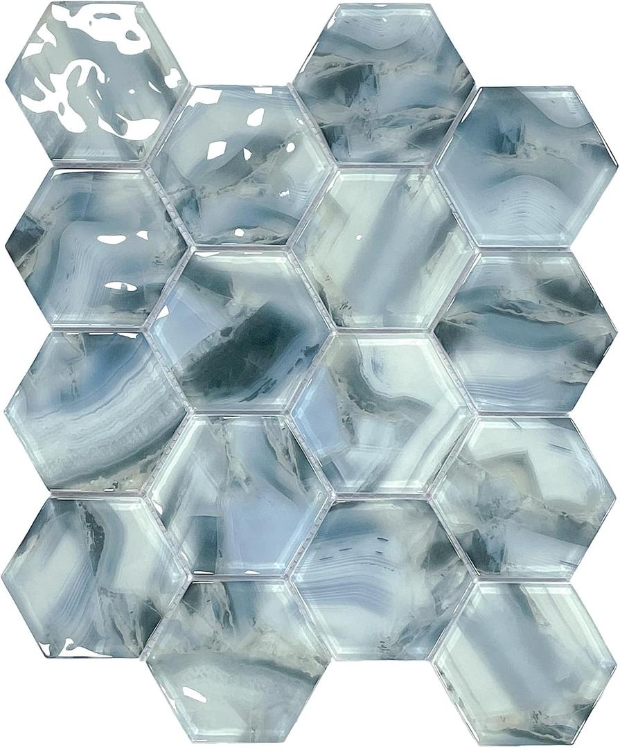 5 Sheets Ink Wash Black Hexagon Glass Mosaic,Pool Tiles,12" x 10" Kitchen Backsplash Tile