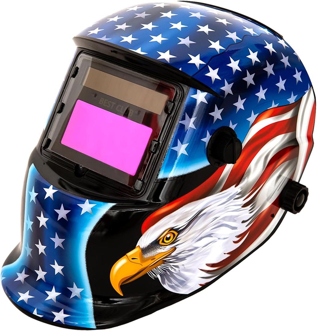 Welding Helmet Auto Darkening : BESTCLUB True Color Solar Powered Hood with Adjustable Shade Range 4/9-13 for Mig Tig Arc Welder Mask (Flag Eagle)