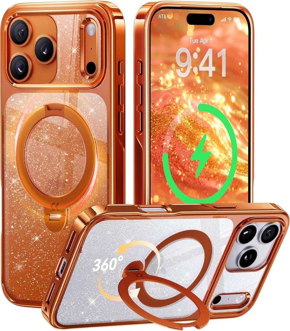 CASEKOO Pearl Sparkle 360 Spin Magnetic Stand for Glossy iPhone 17 Pro Max Case for Women, Fit for MagSafe, 17FT Drop Protection, Chic Design for 17 Pro Max Case with Stand, Cosmic Orange