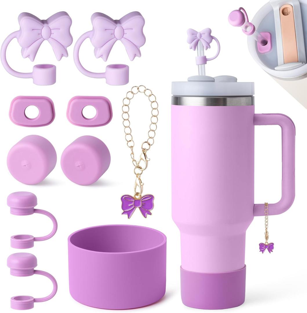 10PCS Stanley Cup Accessories Set, Stanley Accessories Include 2PCS Bow Straw Covers, 1 Cute Bow Handle Charm, 2 Set of 3 Silicone Spill-Proof Stoppers, 1 Silicone Boot Fits Stanleys Cup 40&30Oz (Orchid)