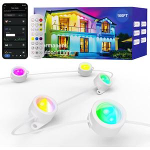HUTAKUZE Permanent Outdoor Lights, 100FT with 60 RGB LEDs for Outdoor Decor, IP67 Waterproof, 48 Scene Modes Christmas House Lights,APP & Remote Control, Music Sync