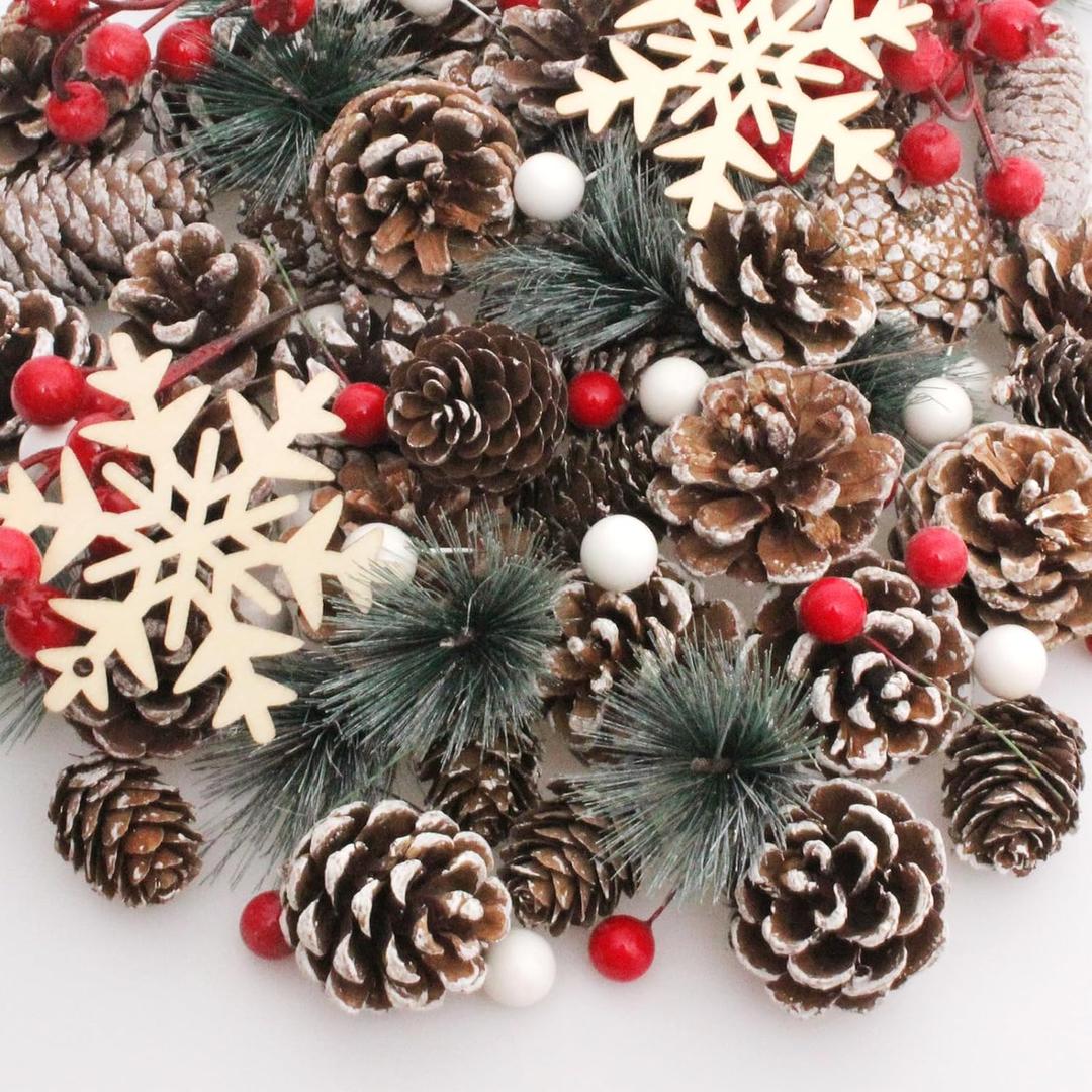 Biubumtu 108 Pcs Christmas Ornaments Pine Cones Berry Pine Branch Set Xmas Decorations for Home, Pinecones for Crafts Vase Filler Wreath Christmas Table Decor