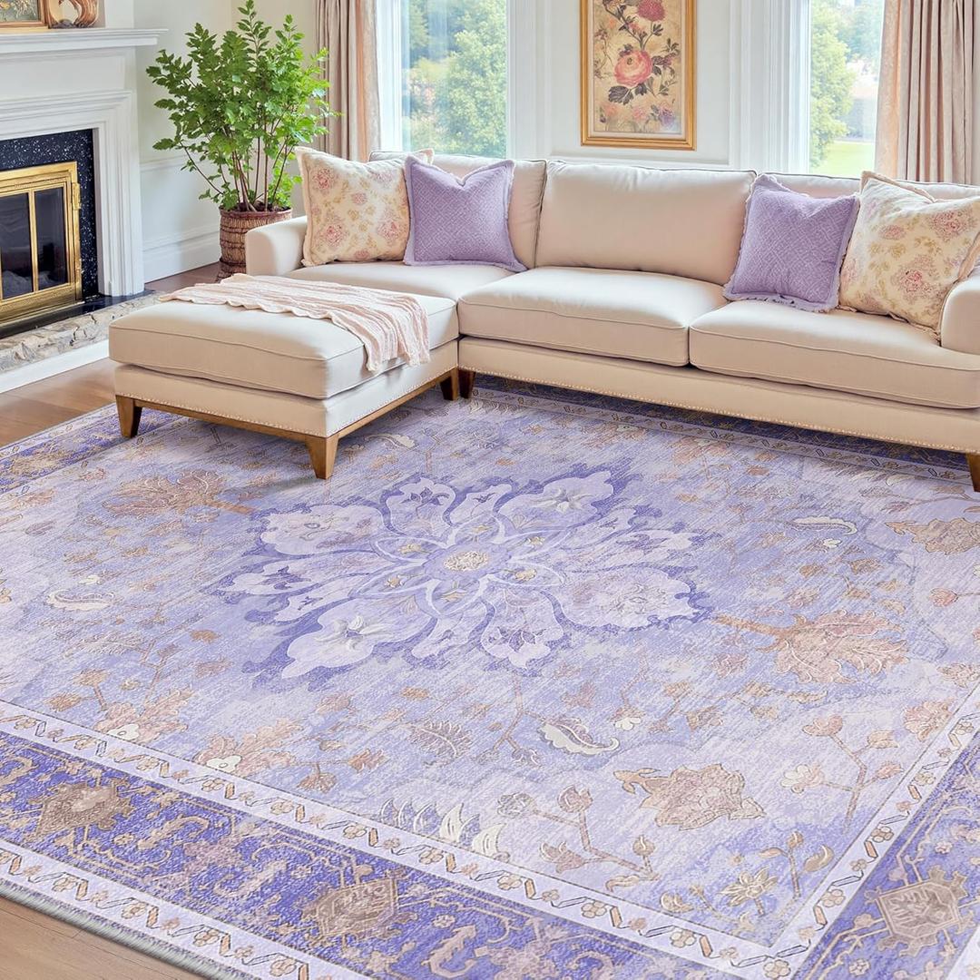 RELEANY Area Rugs 8'x10' Washable Non-Slip, Floral Vintage Distress Print Pattern Medallion Carpet for Living Room Bedroom Dining Room, Light Purple Brown
