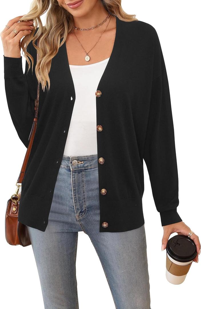 Arach&Cloz Womens Wool Blend Lightweight Spring Business Casual Cardigan Sweaters (Black, XL)