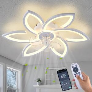 Ceiling Fan with Lights Remote Control, White Flower Ceiling Fan with Light, 3 Light Color Modern Low Profile Flush Mount Ceiling Fan for Kitchen Bedroom Living Room