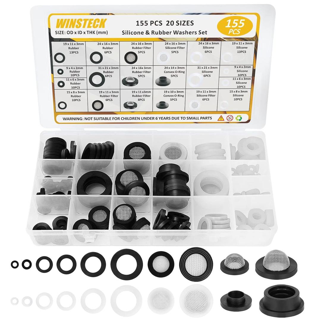 Rubber & Silicone Gasket Washers Kit - 155 PCS, 20 Sizes, Garden Hose Washer with Screen Filter for Seals Repair & Shower Hose/Faucet/Shower Head