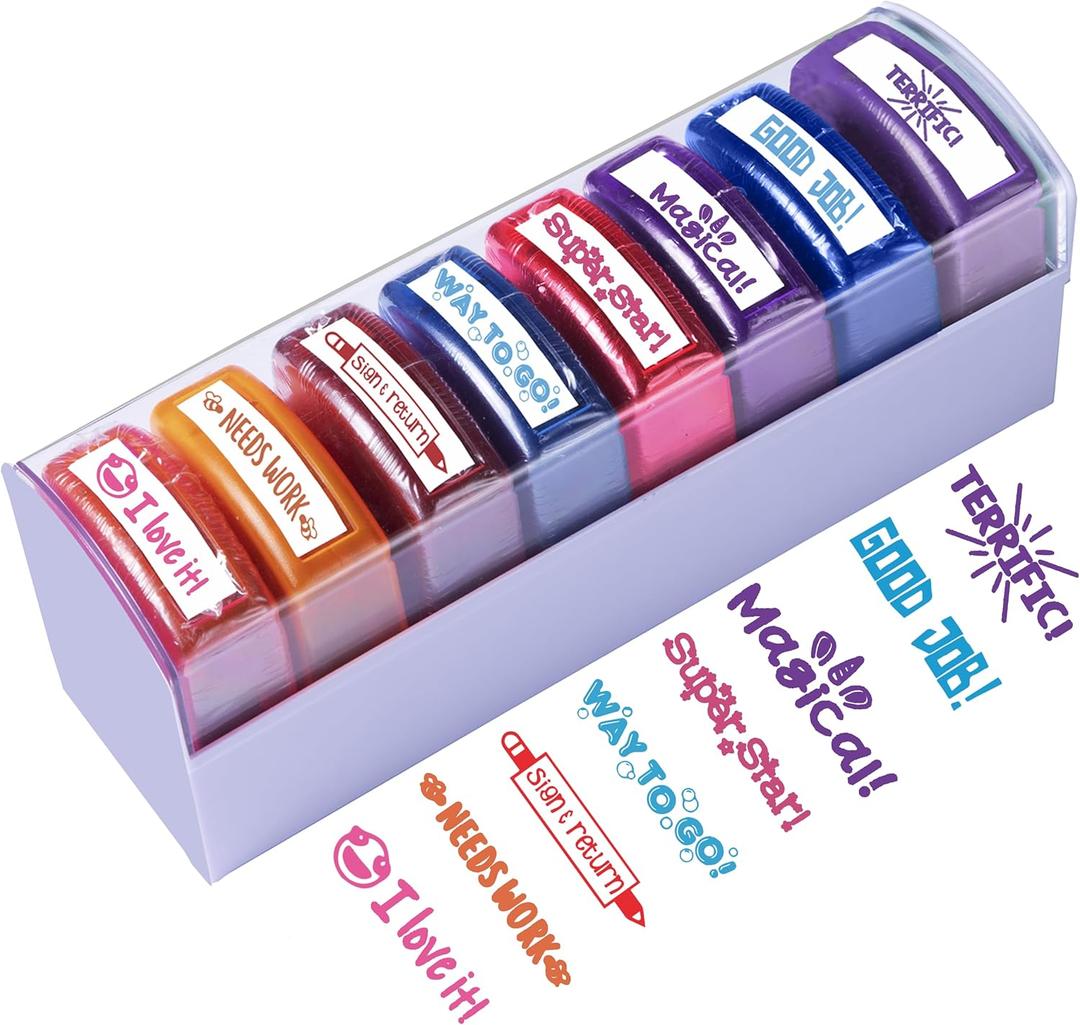 Teacher Stamps for Classroom Grading  8PCS Self-Inking Rectangular Teacher Stamp  Colorful Stamps for Teachers with Motivational Messages  Perfect Classroom Supplies & Gifts for Homeschool