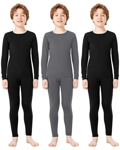 Silkfly Boys Thermal Underwear Set Base Layer Fleece Lined Underwear for Kids Shirt and Pants for Boys Winter(Xs,Gray, Black, Black, 3 Sweater  and 2 Pants)