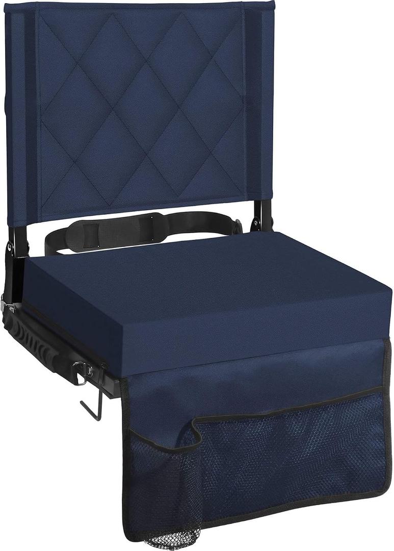Sheenive Stadium Seats for Bleachers with Back Support, Bleacher Seats with Backs and Cushion Wide, Padded Portable Folding Comfort Stadium Chair with Shoulder Strap, Navy Blue 2 Pack