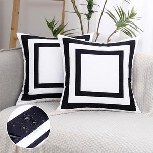 JOJOGOGO White Outdoor Throw Pillow Covers Waterproof 18x18 Set of 2, White and Black Decorative Outdoor Waterproof Boho Pillows 18 x 18 for Patio Furniture Bench (Black Border)