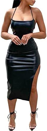 Women Faux Leather Dress Sleeveless Backless Bandage Bodycon Split Midi Dresses Party Cocktail, Medium