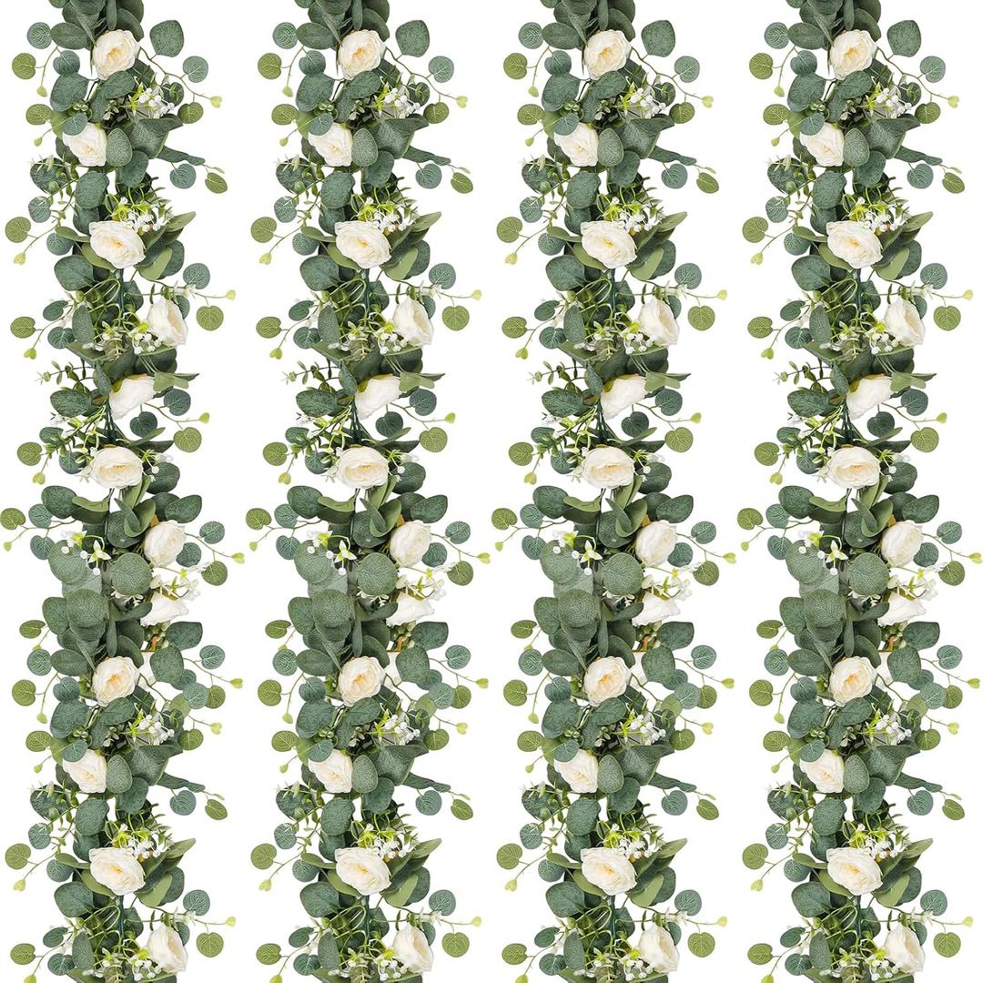 TOCHGREEN 4 Pack Artificial Eucalyptus Flower Garland with White Roses, Fake Rose Flower Greenery Garland Floral Vines for Wedding Home Party Table Runner Decor (4PCS, White)