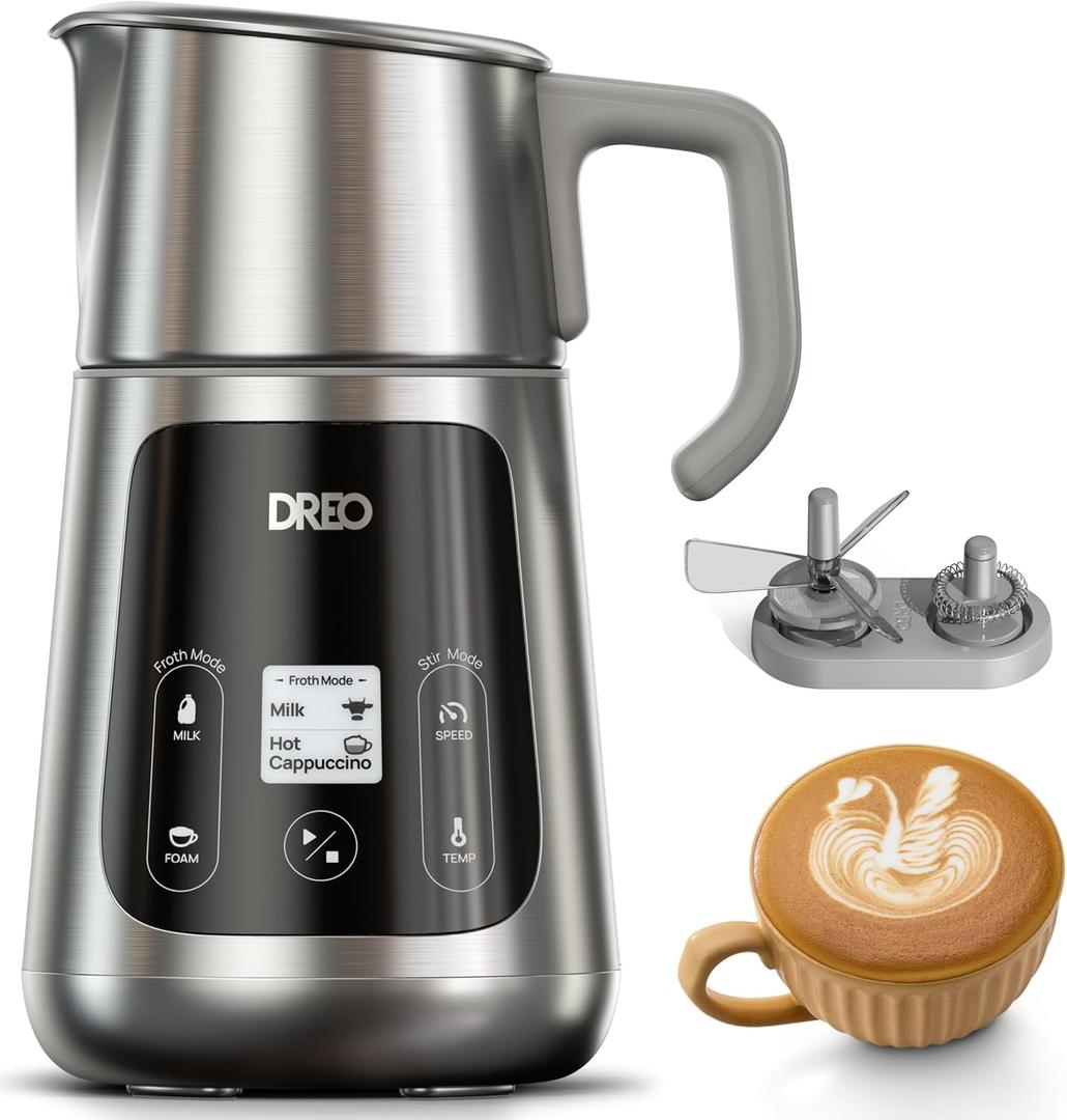 Dreo All-in-1 BaristaMaker Milk Frother, Electric Foam Frother for Latte Art Microfoam and Coffee, 15oz/450ml Automatic Milk Warmer with 30 Drinks, Dishwasher Safe, Dairy/Plant-Based Milk (Silver)