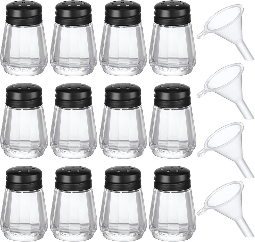 Potchen 12 Pcs Cube Shape Mini Salt and Pepper Shakers Bulk 0.5 oz Small Cube Glass Spice Shaker with Plastic Mini Funnels for Wedding Kitchen Restaurant Travel Camp Party (Black)