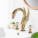 Polished Gold Swan Shaped 3 Hole Lavatory Faucet with 2 Crystal Knobs - Deck Mount Bird Faucet