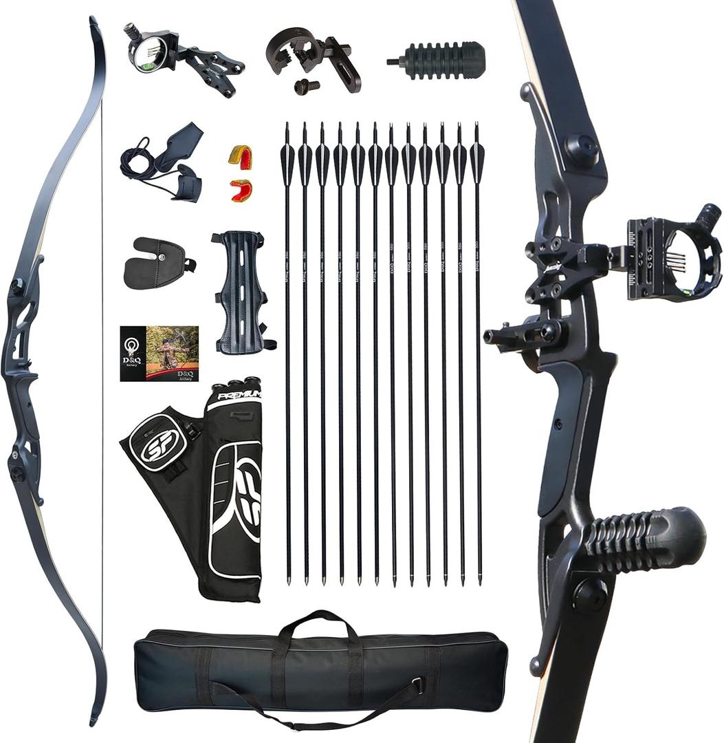 D&Q Recurve Bows for Adults Hunting Black Hunter Longbow Takedown 30-50lbs Bow and Arrow Set Right Handed Archery Archery with Bow Case Stringer Arrow Target Practice (Black 50lbs) 56"
