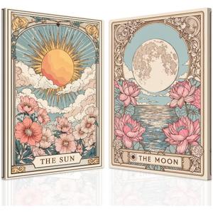 SWQYLB Sun Moon Wall Art Set of 2 Celestial Floral Wall Decor Tarot Canvas Painting Witchy Prints Artwork for Bedroom Home Decor Framed (16"x24"x2)