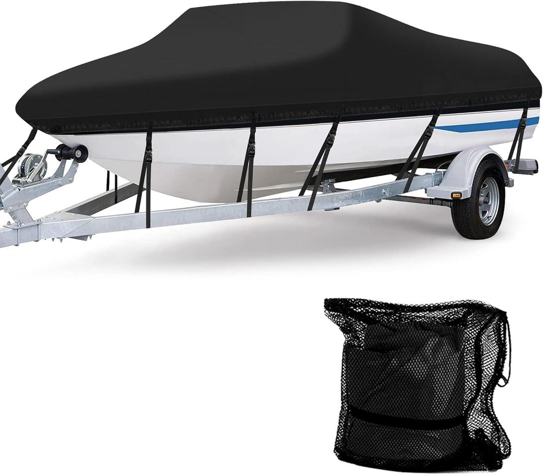 Anglink Jon Boat Cover 12-14 ft, 600D Heavy Duty Marine Grade Water Resistant Flat Bottom Boat Cover, Fits Aluminum Fishing Boats up to 68" Beam Width, UV Protection Trailerable Storage Cover, Black