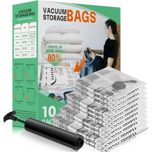 10 Pack Vacuum Storage Bags, Space Saver Bags, Compression for Comforters and Blankets, Sealer Clothes Storage with Hand Pump. (2J/2L/3M/3S)