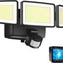 UME Battery Powered Motion Sensor Outdoor Lights 302 LED 1800LM, IP65 Waterproof Battery Operated Flood Lights Outdoor, 3 Heads Security Motion Light with 3 Modes for Garden Patio Yard (Black)
