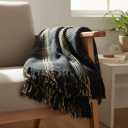 Plaid Black & Tan Fringed Woven Cotton Blend Throw, One Size