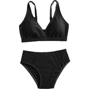 Teen Girls Two-Piece Bikini Swimsuits | Removable Chest Pad Nylon Swimwear Kids Size 6-17 Years (Black, M)