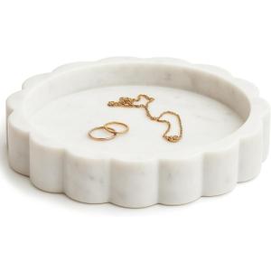 White Scalloped Marble Tray - 8" Round Stone Vanity Tray for Perfume & Jewelry, Marble Dish for Bathroom Countertop & Kitchen Counter, Decorative Tray for Bathroom & Kitchen, Modern Catchall