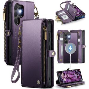 Defencase for Samsung Galaxy S25 Ultra Magnetic Wallet Case Compatible with Magsafe with RFID Blocking Zipper & Card Holder Women, PU Leather Detachable Phone Case for Galaxy S25 Ultra 6.9", Purple