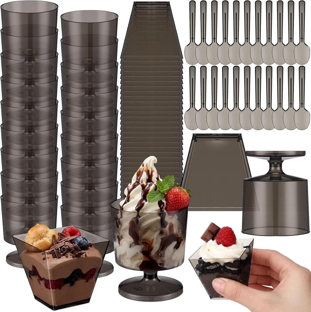Funnymoom 100 Pack 2oz Mini Dessert Cups with Spoons Small Clear Plastic Dessert Parfait Cup Square Appetizer Pudding Cups Round Goblet Shooters for Pudding Fruit Yogurt Ice Cream Mousse (Black)