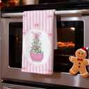 Chinoiserie Christmas Kitchen Towels,Pink Stripes Bow Coquette Christmas Tree Dish Towels,Pink Stripes Christmas Hand Towels for Bathroom Kitchen,Grandmillennial Decor,16x24 Inches