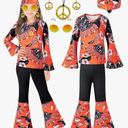 60s 70s Outfits Hippie Kid Girls Costume Set Disco Boho Flared Pants Accessories Set, 7-8Y