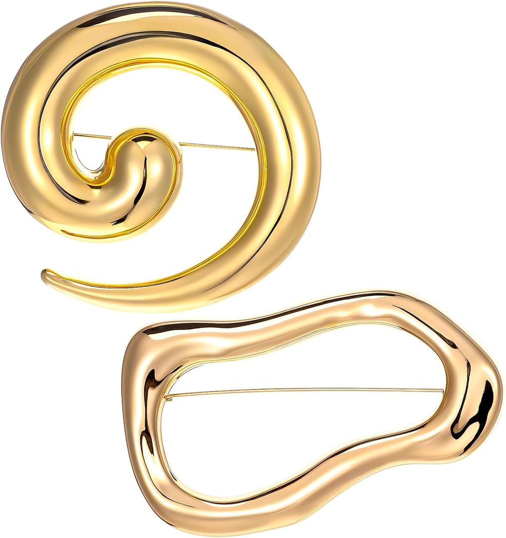 2Pcs Geometric Brooch Pin Round Spiral Irregular Lapel Pins Minimalist Gold Large Vintage Brooch Suit Accessories for Women Men Dress Shirt Wedding Party Jewelry