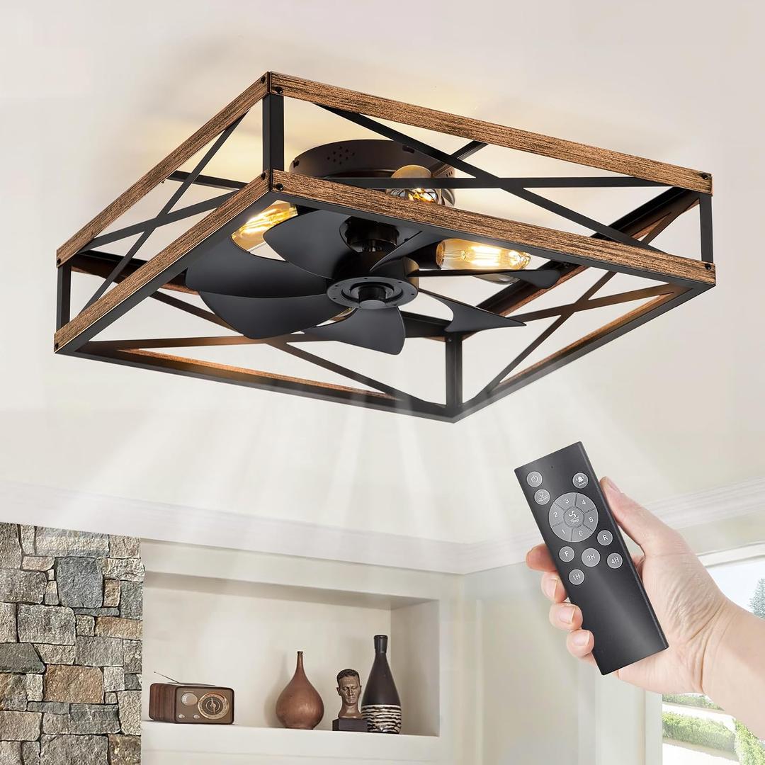 LEDIARY 23 Caged Low Profile Ceiling Fans with Lights and Remote, Rustic Square Flush Mount Ceiling Fan, 6 Speed and Reversible, Small Farmhouse Bladeless Ceiling Fan for Bedroom, Kitchen,Dining Room