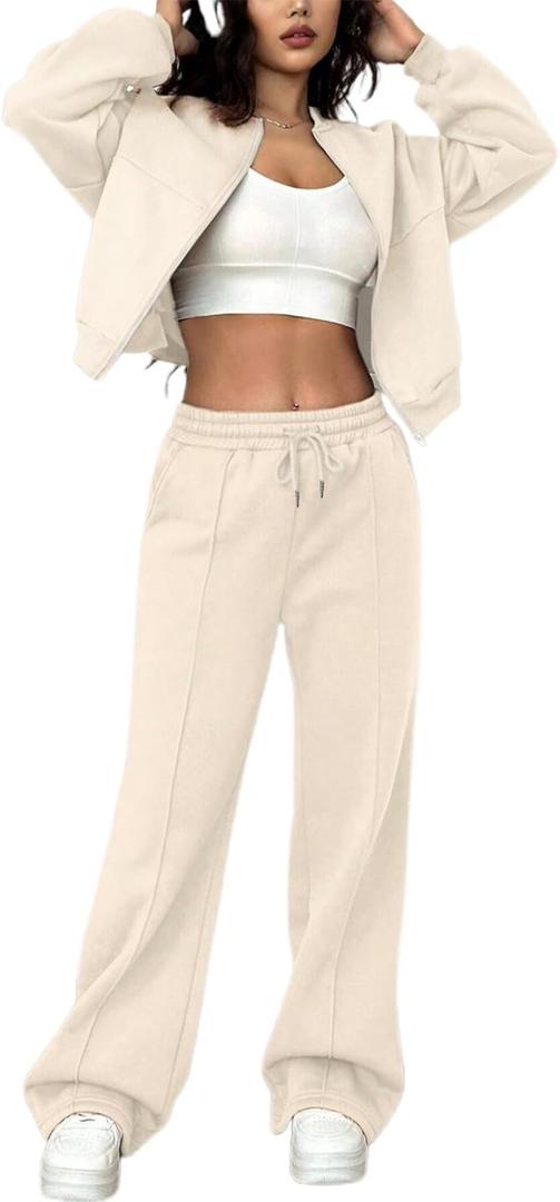 LovelyWholesale Women Sweatsuits 2 Piece Set Zip Up Sweatshirt and Wild Leg Sweatpants Set (Medium, Apricot)