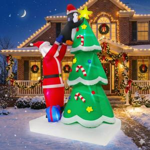 9FT Christmas Inflatables Tree Outdoor Decoration, Santa Claus & Penguin Lighted Party Decoration, Blow Up Decor with Built-in LED Lights Suitable for Lawn/Yard/Garden/Porch