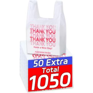 1050 Count Plastic Bags with Handles, T-Shirt bags, Thank You bag, Grocery bag, Shopping bag, for Small Business, White and Reusable, 1/6 Barrel, Large Size 11"x6"x21"