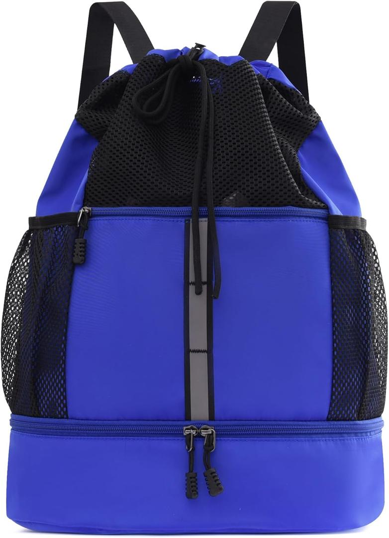 Sports Drawstring Backpack Swim Gym Bag with Wet Proof Pocket and Shoe Compartment for Men Women