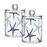 Bathroom Canister Set of 2, Beach Coastal Starfish Navy Blue and Turquoise Plastic Jars Holder Dispense Qtip Holder Storage Jars with Lids,Home Decor