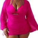 YELAIVP Women's Plus Size Halter String Triangle Bikini Sets 3 Piece Swimsuits with Side Ruched Drawstring Cover Up (185 Rose Red, XL)