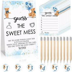 67 Pcs Guess The Sweet Mess Dirty Diaper Baby Shower Game Includes Guess The Sweet Mess Sign 50 Small Cards 10 Pencils and 6 Number Stickers for Baby Shower Game Gender Reveal Party(Bear)