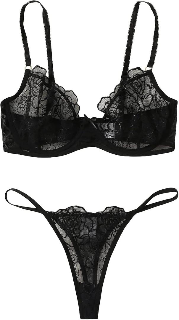 SOLY HUX Women's Embroidery Floral Mesh Sheer Underwire Lingerie Bra and Panty Set Black Floral, Large