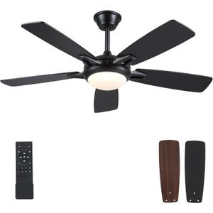 52 Inch Ceiling Fans with Lights and Remote, Modern Indoor Outdoor Ceiling Fan for Bedroom Living Room Patio Porch, 6 Speeds, Reversible Quiet Motor, Dual Finish Wooden Blades, Black
