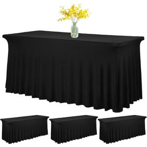 3 Pack 6ft Spandex Table Skirt Fitted Black Stretch Tablecloth,One-Piece Wrinkle-Resistant Ruffles Design,Perfect for Rectangle Tables Banquets Parties Wedding