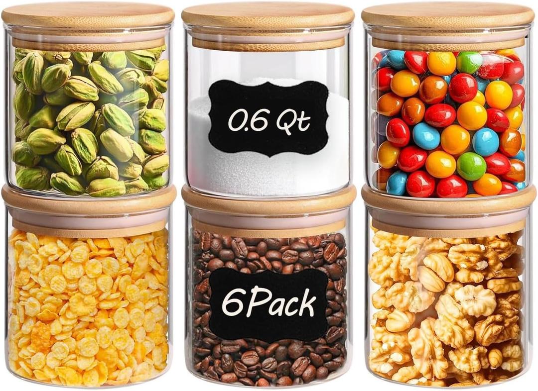 20oz 6PCS Round Airtight Glass Food Storage Jars, Clear Glass Food Container with Bamboo Lid, Stackable Spice Jar, Small Kitchen Storage for Sugar, Tea, Coffee bean, Pasta, Oat, Spice